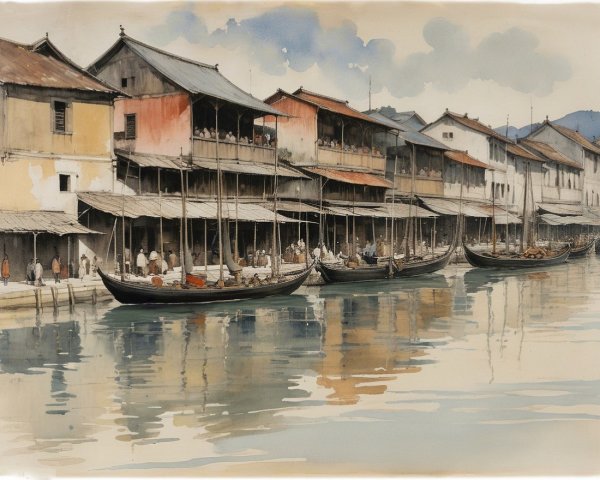 Watercolor Scene of Boats on a Tranquil Waterway