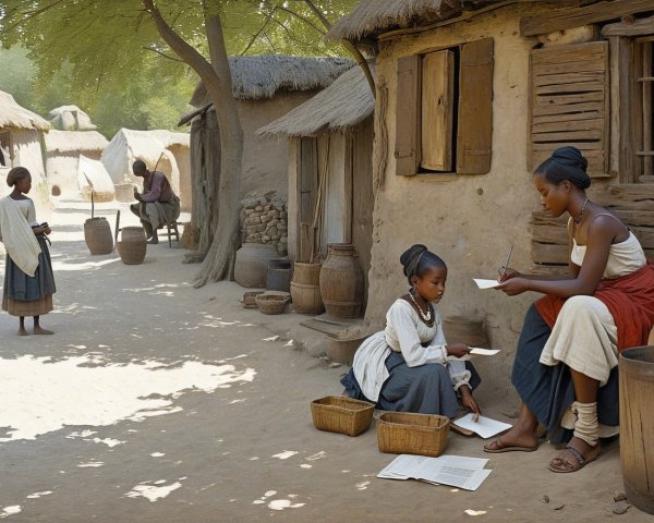 Rustic African Village with Mud-Brick Huts and Child Writing