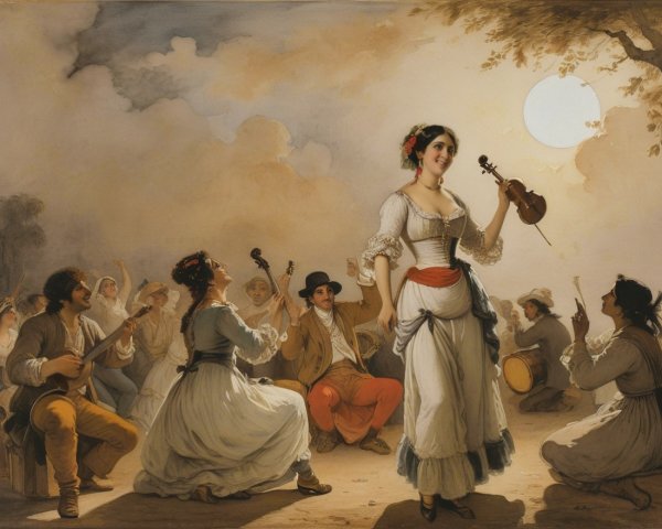 Romantic Outdoor Scene with Musicians and Dancers