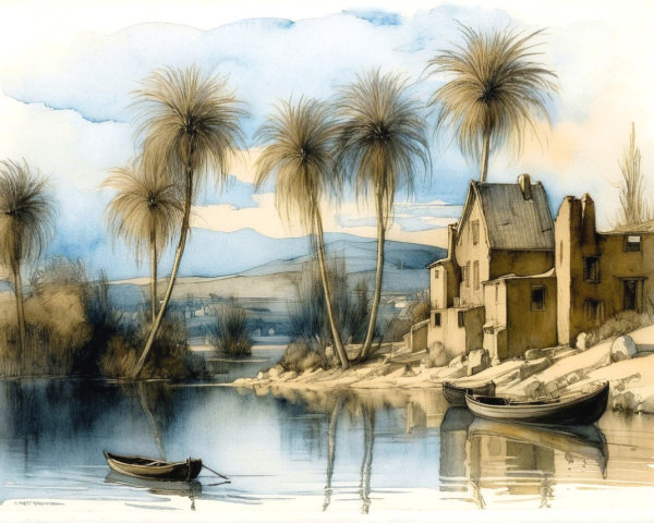 Tranquil Riverside Landscape with Moored Boats and Homes