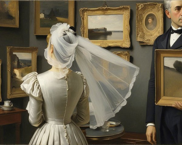 Art Gallery Scene with Tuxedoed Presenter and Viewer