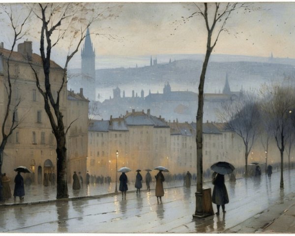 Misty Cityscape on a Rainy Day with Umbrellas