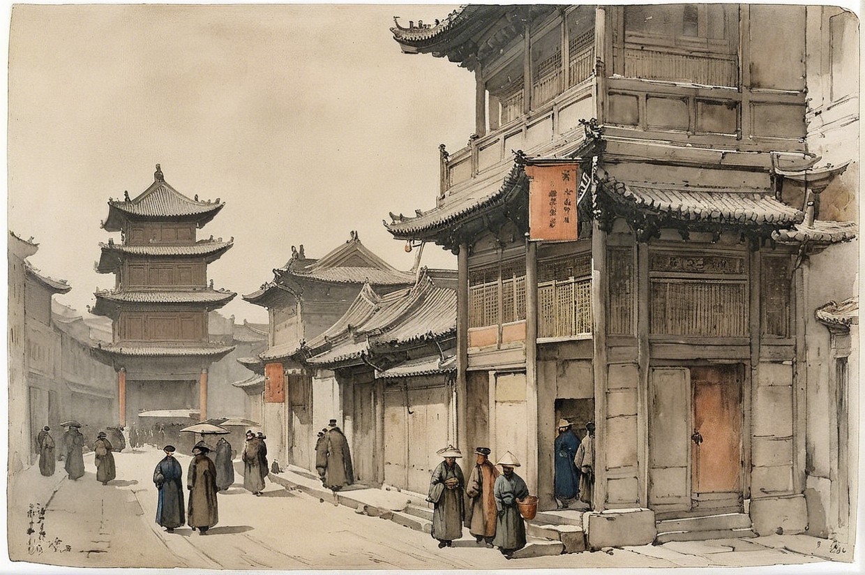 Serene Ancient Asian Town Street Scene Description