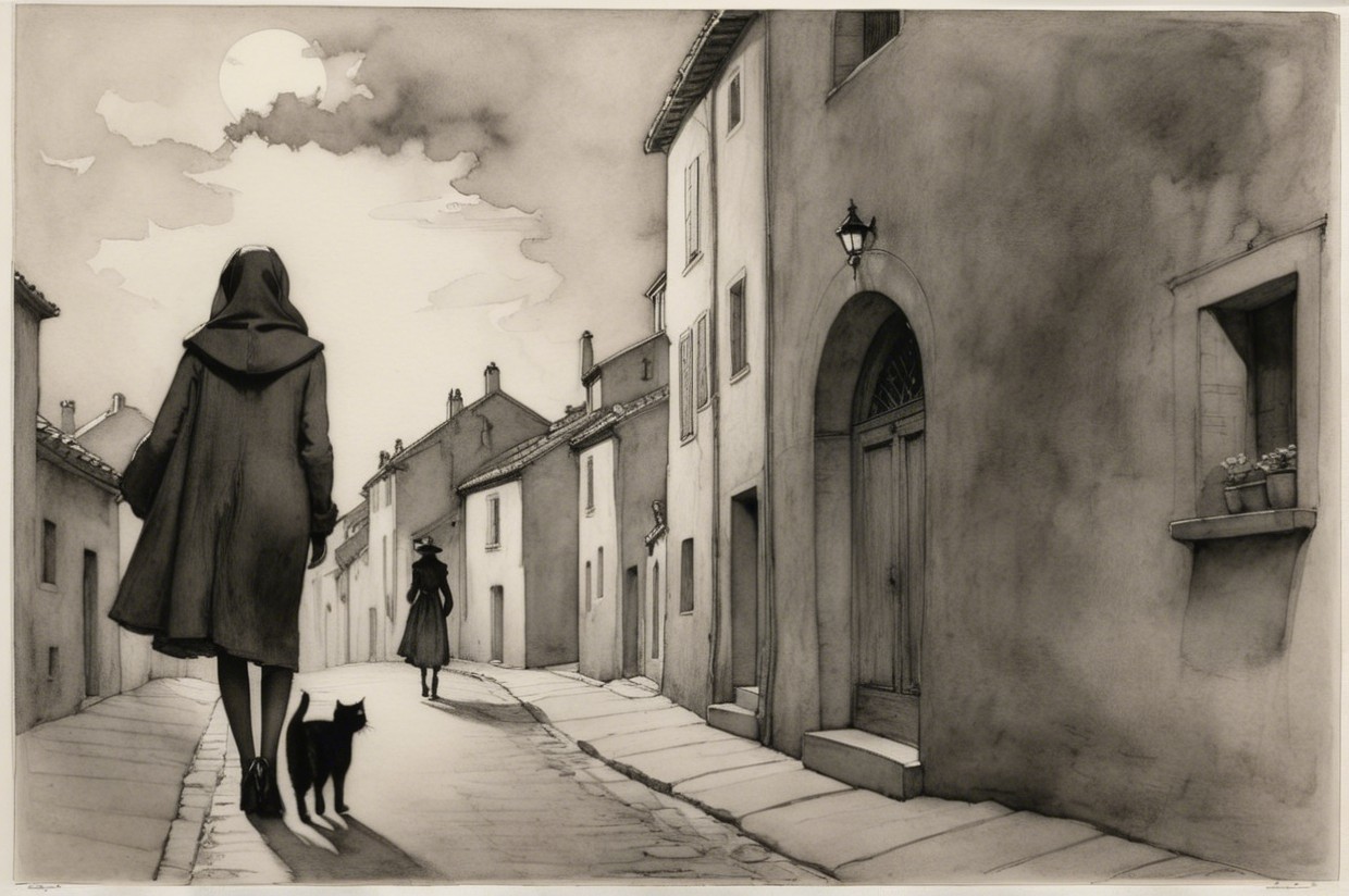 Moonlit Walk with Cloaked Figures and a Black Cat