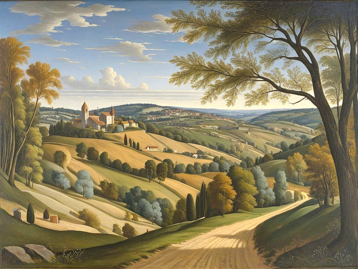 Picturesque Landscape of Rolling Hills and Village