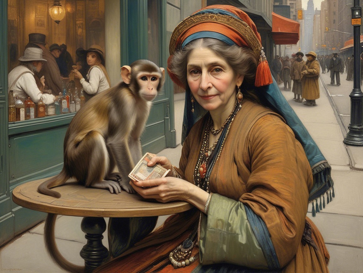 Elegant Woman with Monkey in Vintage City Scene