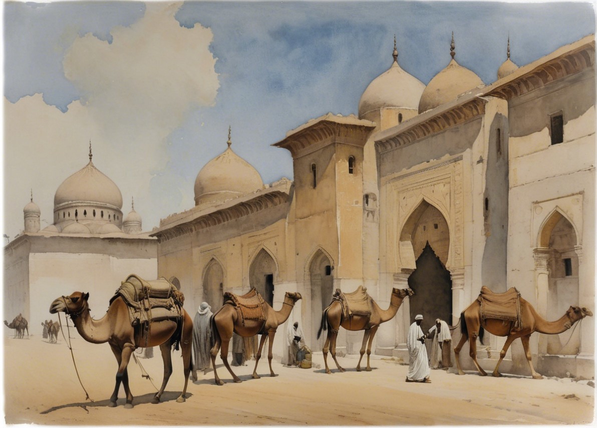 Desert Scene with Camels and Ancient Architecture