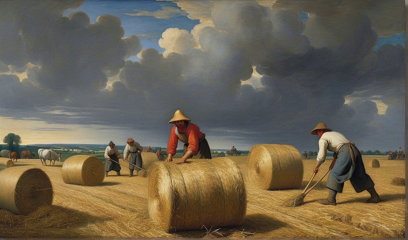 Vibrant Rural Scene of Farmers in Wheat Field