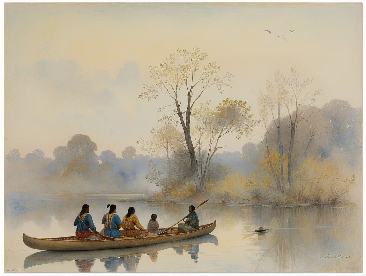 Canoeing at Dawn on a Calm River with Autumn Colors