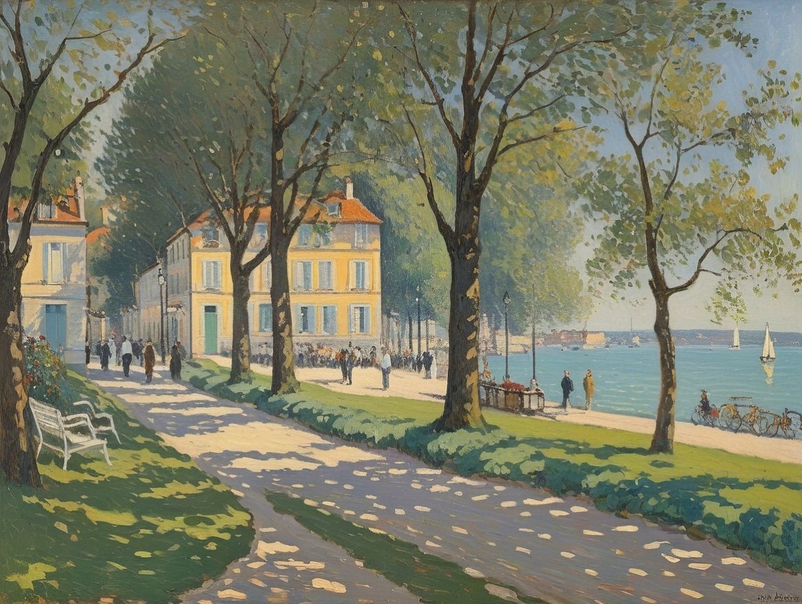 Vibrant Lakeside Scene with Pathway and Sailboats