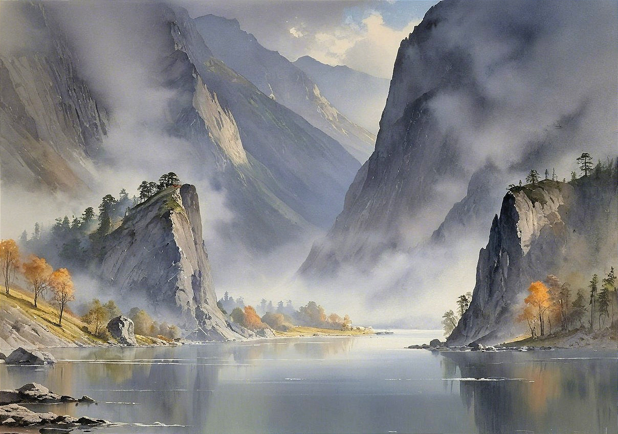 Serene Mountain Landscape with Mist and Calm River
