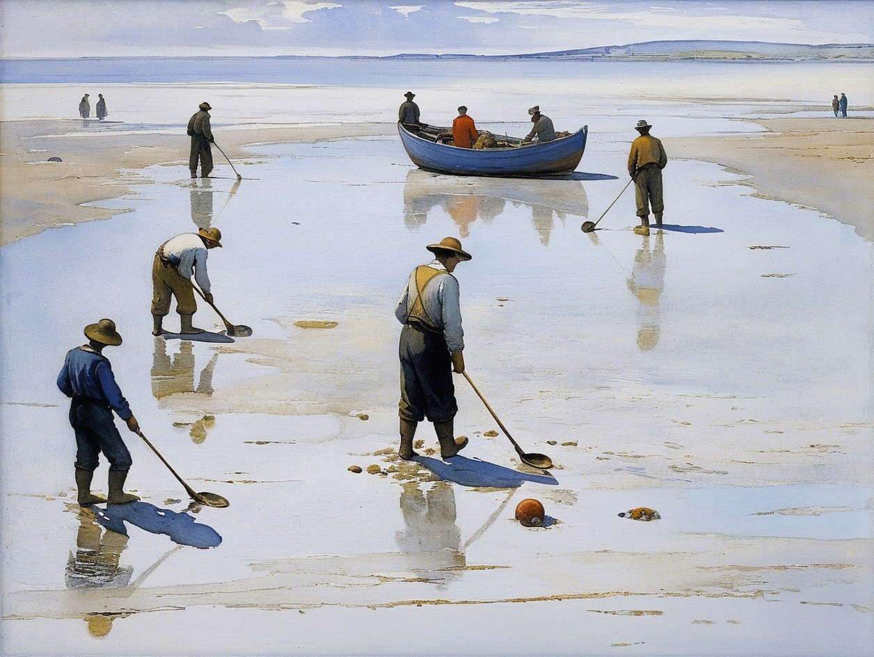 Watercolor of Men Clamming in a Shallow Cove