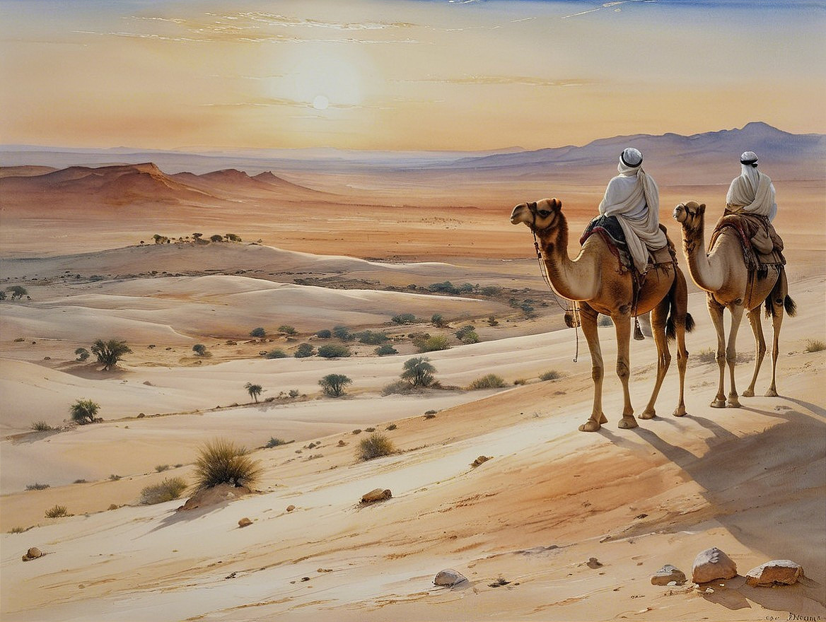 Desert Sunset with Figures on Camels and Dunes