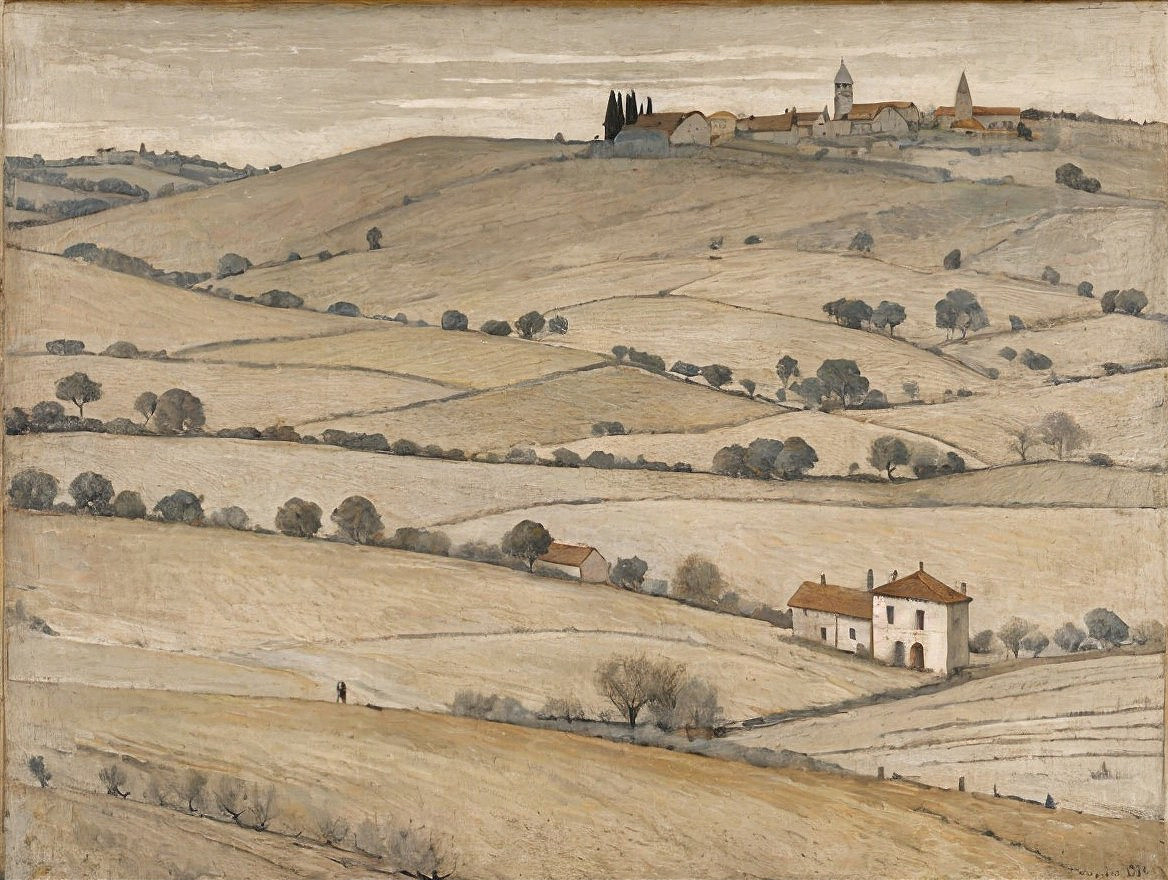 Serene Landscape with Village and Rolling Hills