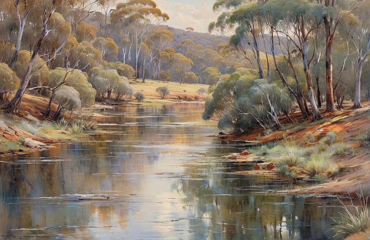 Tranquil River Scene with Lush Eucalyptus Landscape