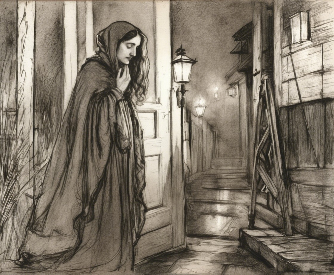 Woman in Cloak at Dimly Lit Cobblestone Street