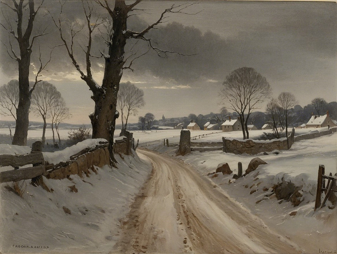 Winter Landscape with Snowy Road and Barren Trees