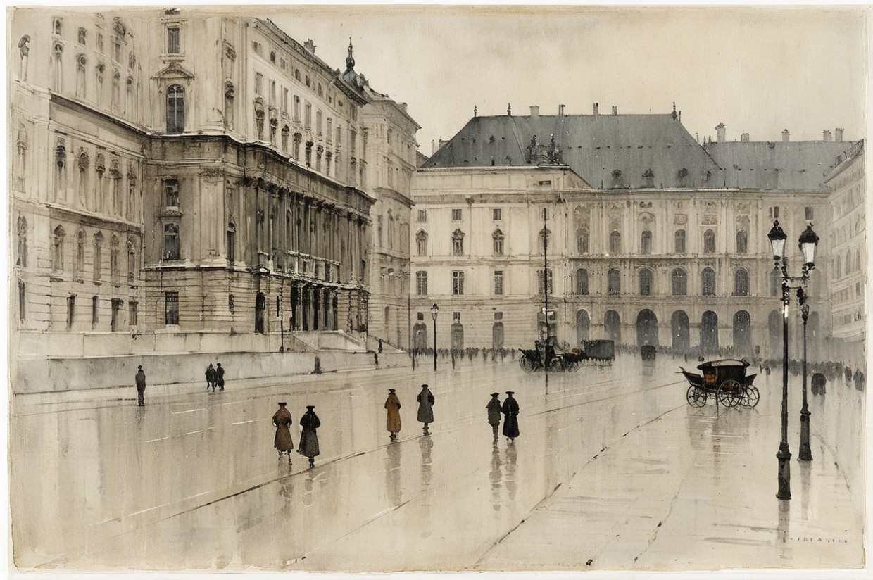 Wet Street Scene with Historical Buildings and Carriages