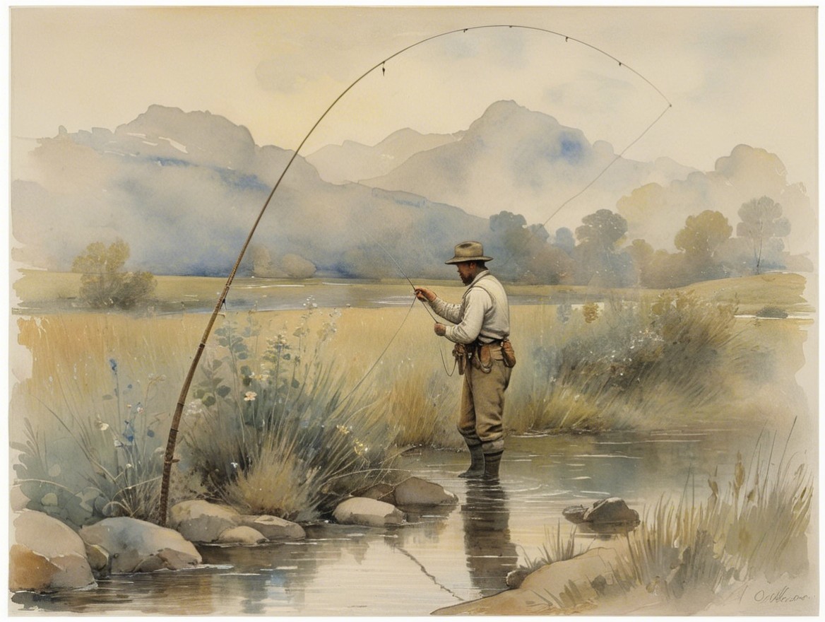 Man Fishing in a Tranquil Stream Surrounded by Nature