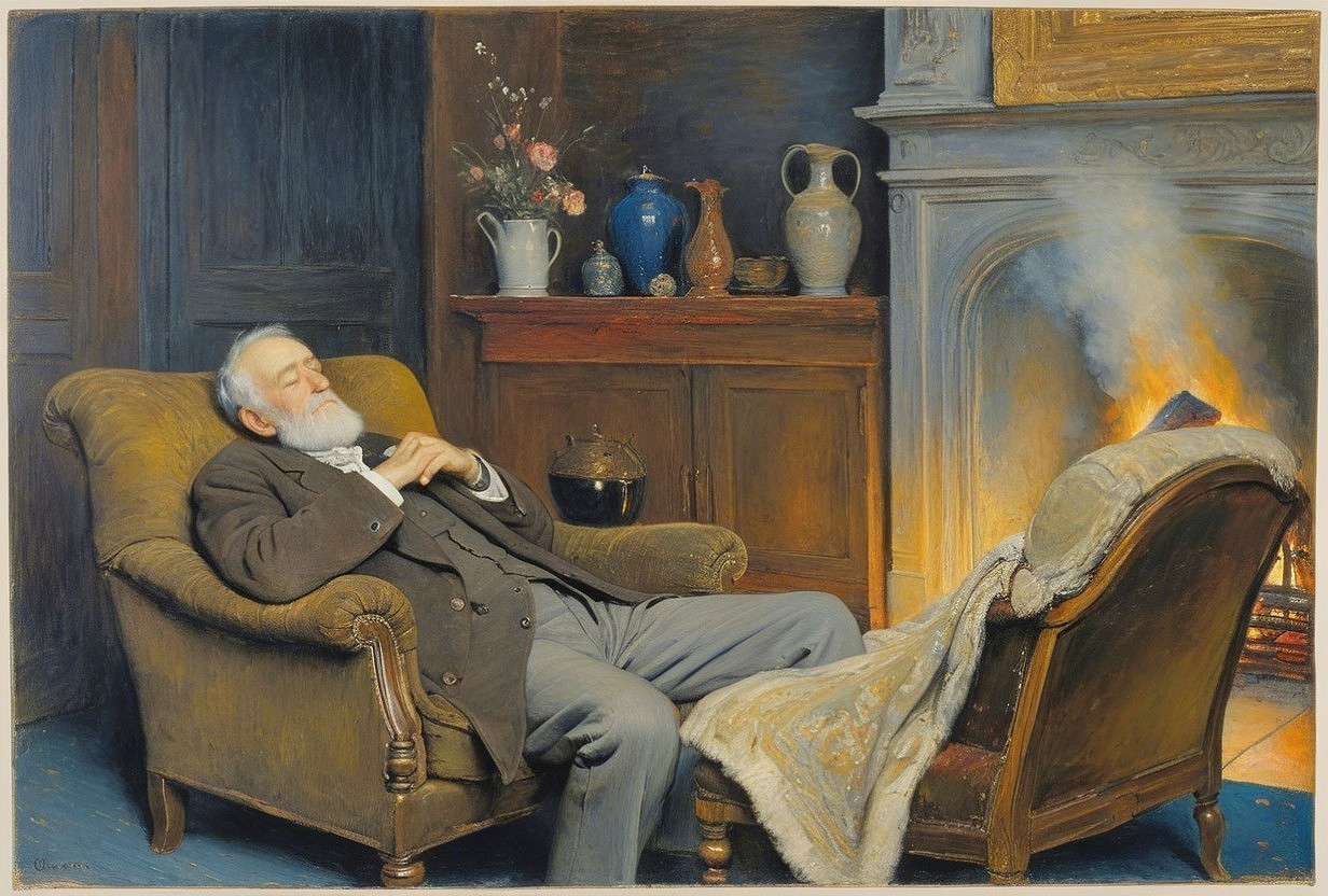 Elderly Man Relaxing by a Fire in Cozy Room
