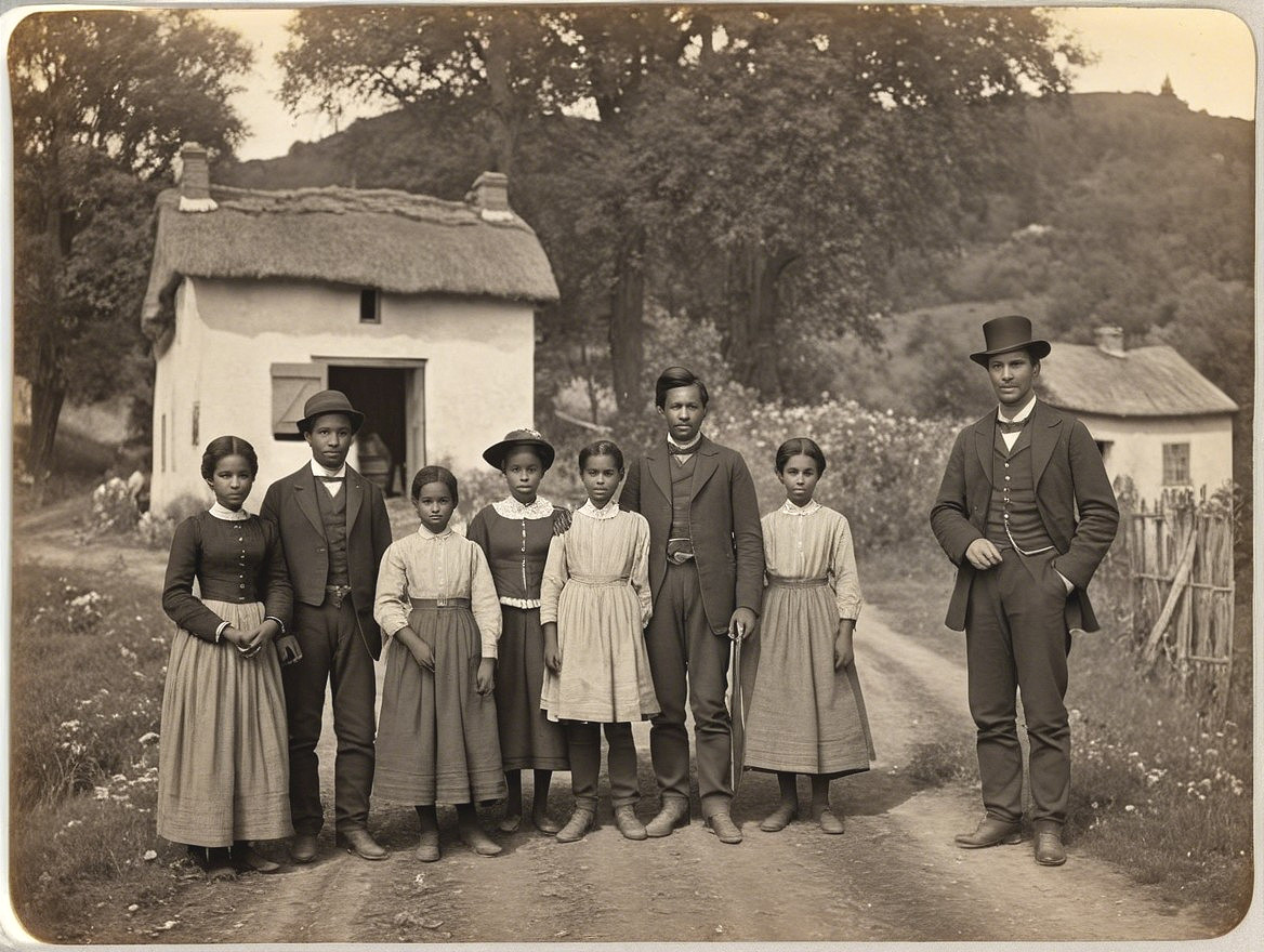 Historical Photograph of Group by Thatched-Roof House