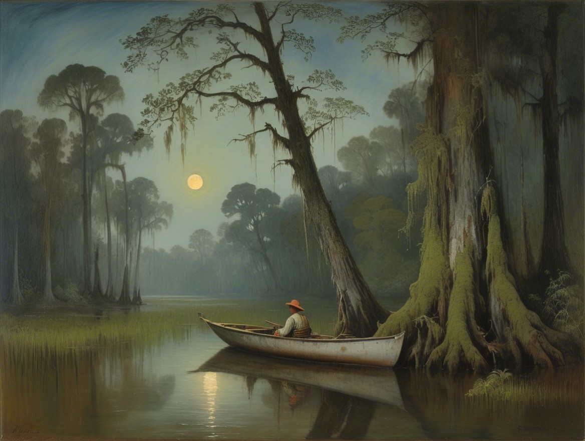 Lone Figure in Boat on Moonlit Still Waters