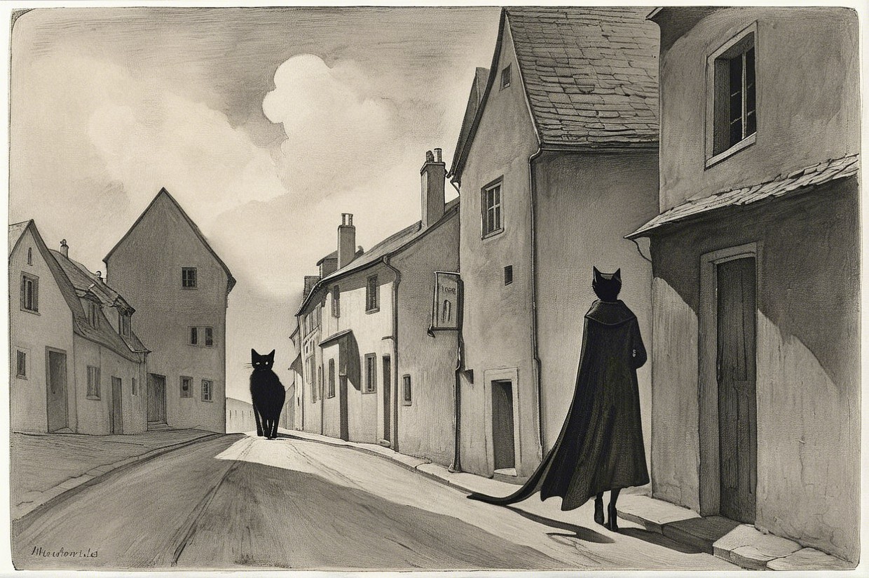 Quaint village street with a cloaked figure and cat