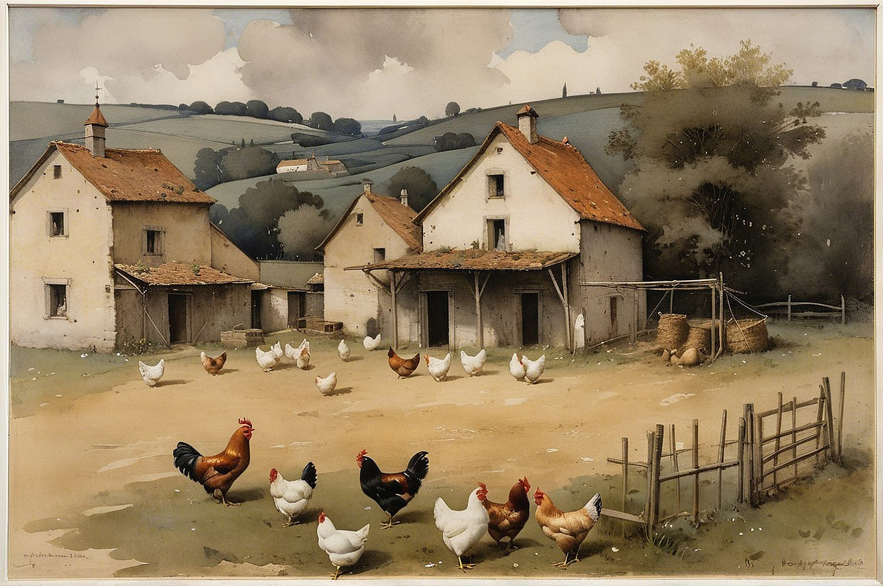 Serene Countryside Scene with Quaint Houses and Chickens