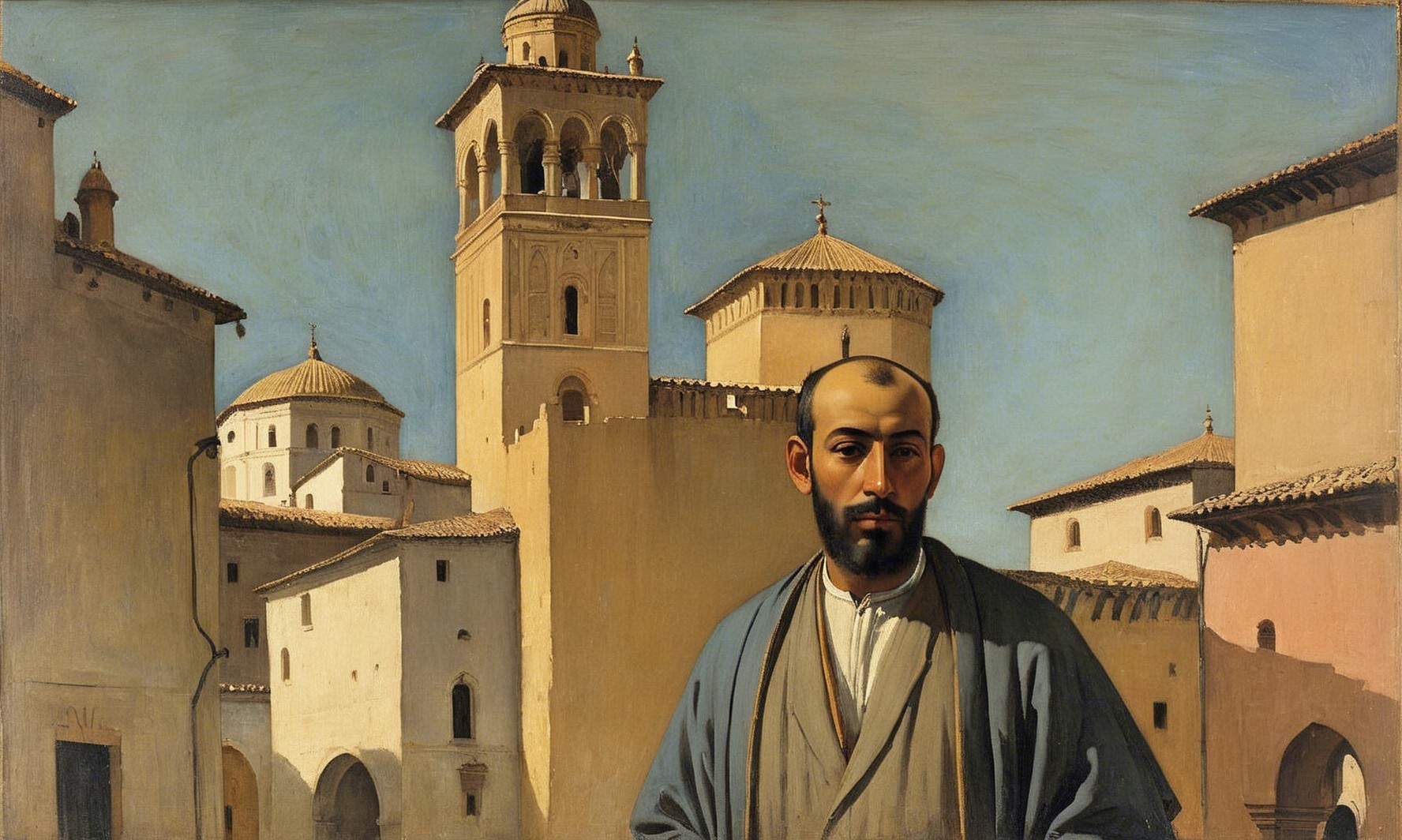 Portrait of a Bald Man in a Cityscape Setting