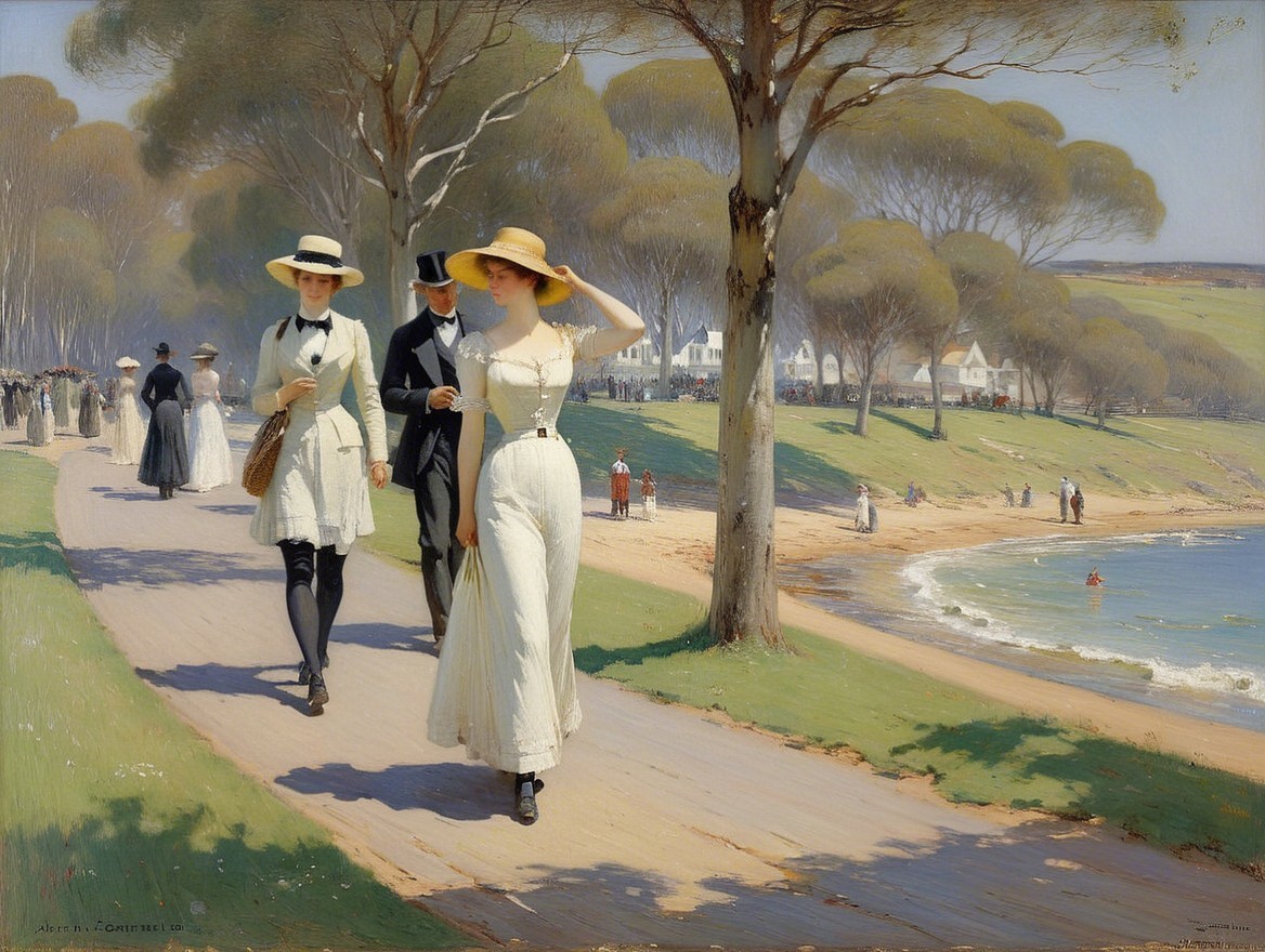 Elegant Beach Stroll on a Sunny Day with Greenery