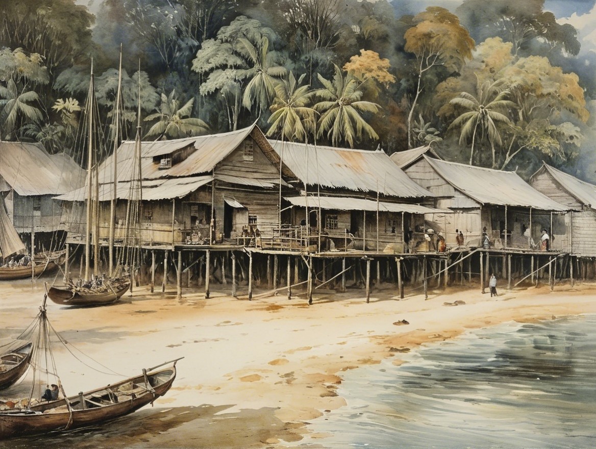 Serene Riverbank with Stilt Houses and Lush Greenery