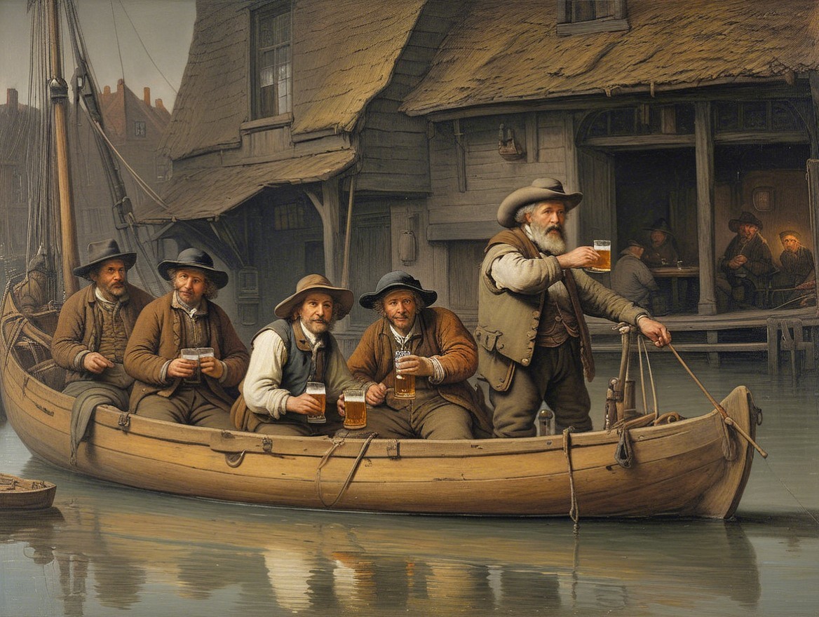 Men in Rustic Clothing Enjoying Beers in a Boat