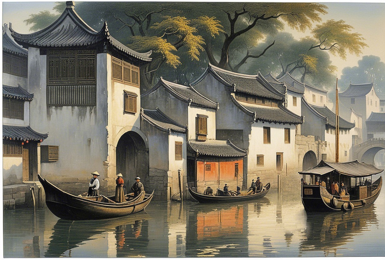 Traditional Chinese Riverside Scene with Architecture