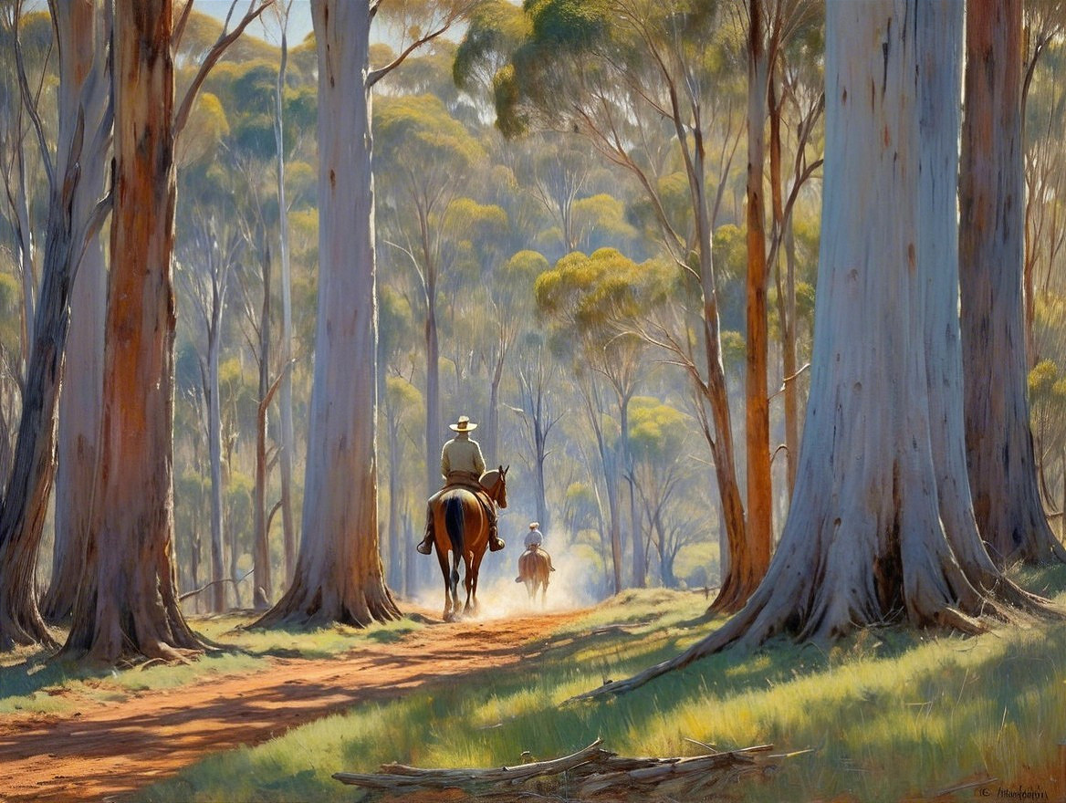 Horseback Riders in Sunlit Australian Eucalyptus Forest