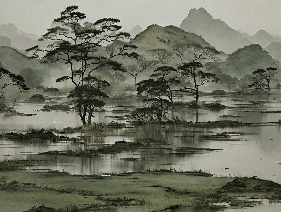 Misty Landscape with Reflective Waters and Trees