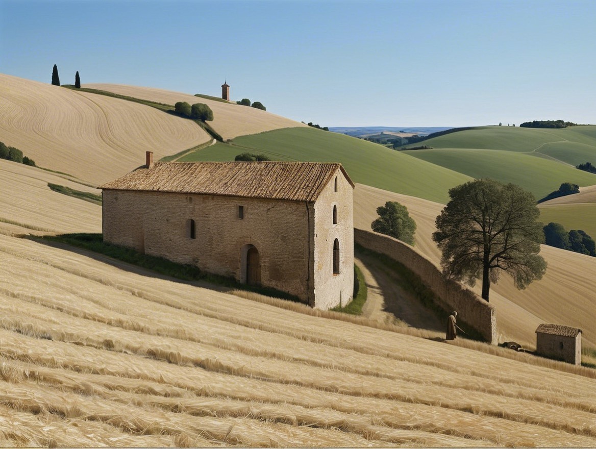 Rustic Farmhouse in Scenic Wheat Fields and Hills