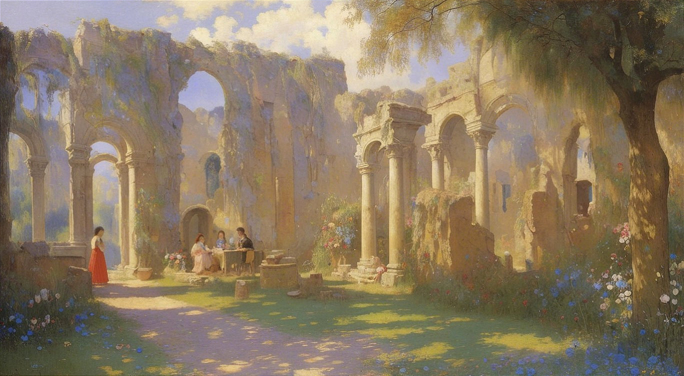 Ancient Ruins and Garden Scene in Soft Sunlight