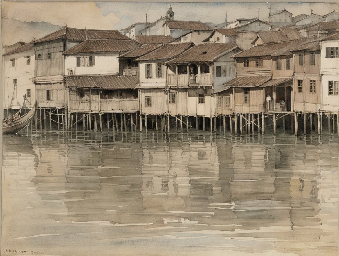Serene Waterfront Scene with Stilted Wooden Houses