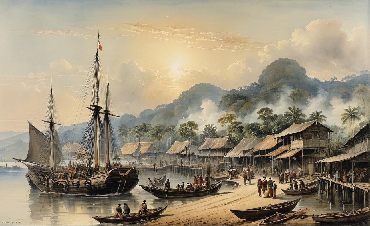 Serene Riverside Scene of a Fishing Village at Sunset