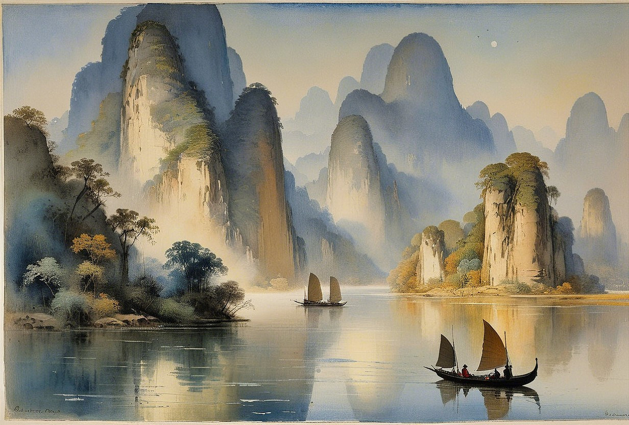 Watercolor Painting of Li River and Karst Mountains