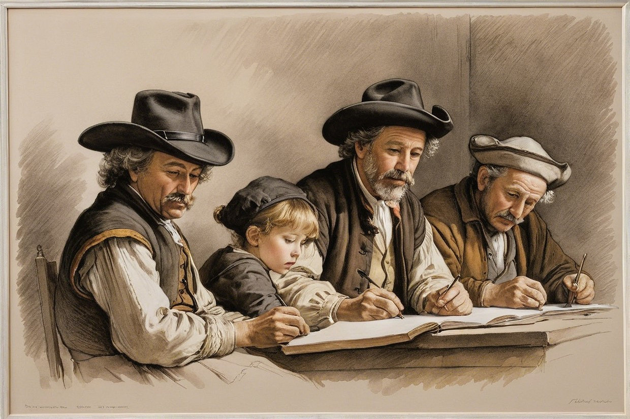 Individuals Writing Together at a Table Scene