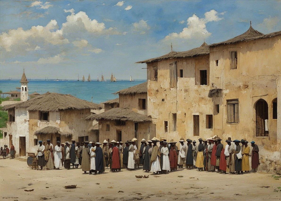 Coastal Village Scene with Traditional Attire and Ships