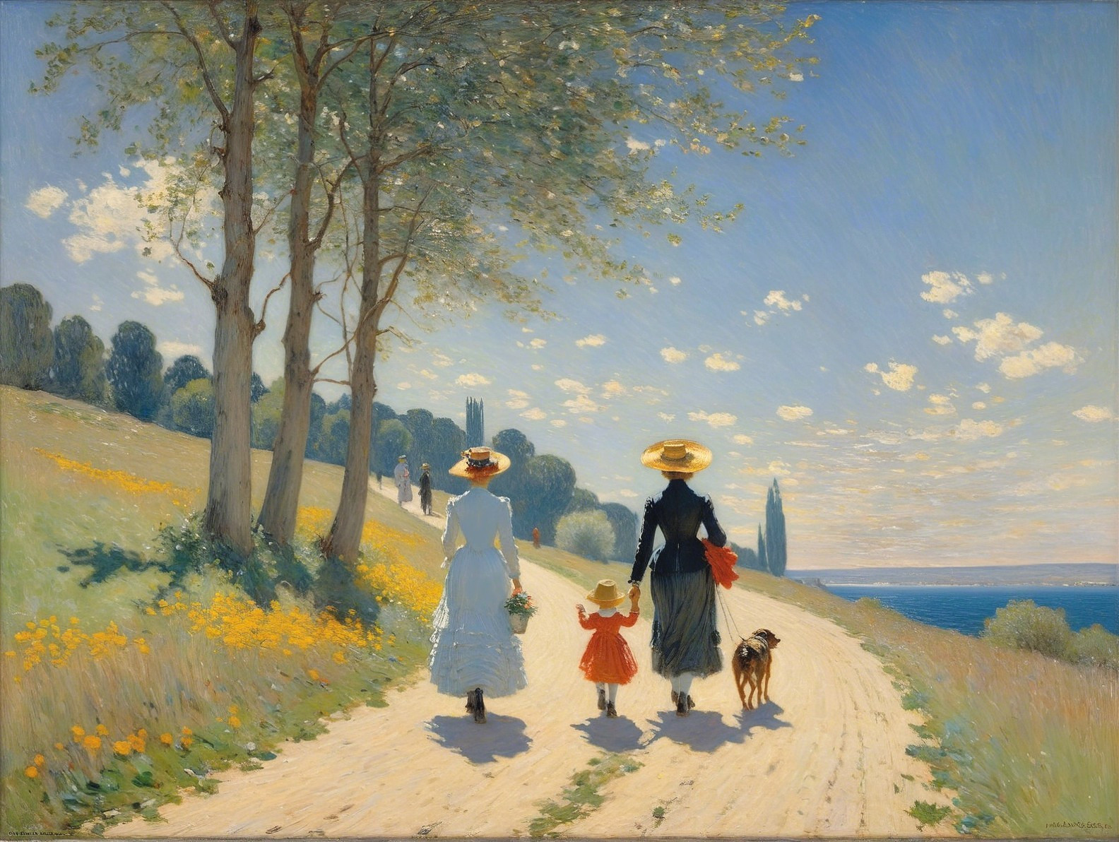 Oil Painting of Women, Child, and Dog on a Dirt Road