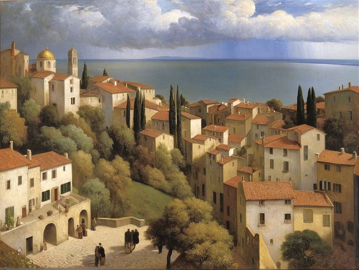 Coastal Village Landscape with Soft Light and Stormy Sky