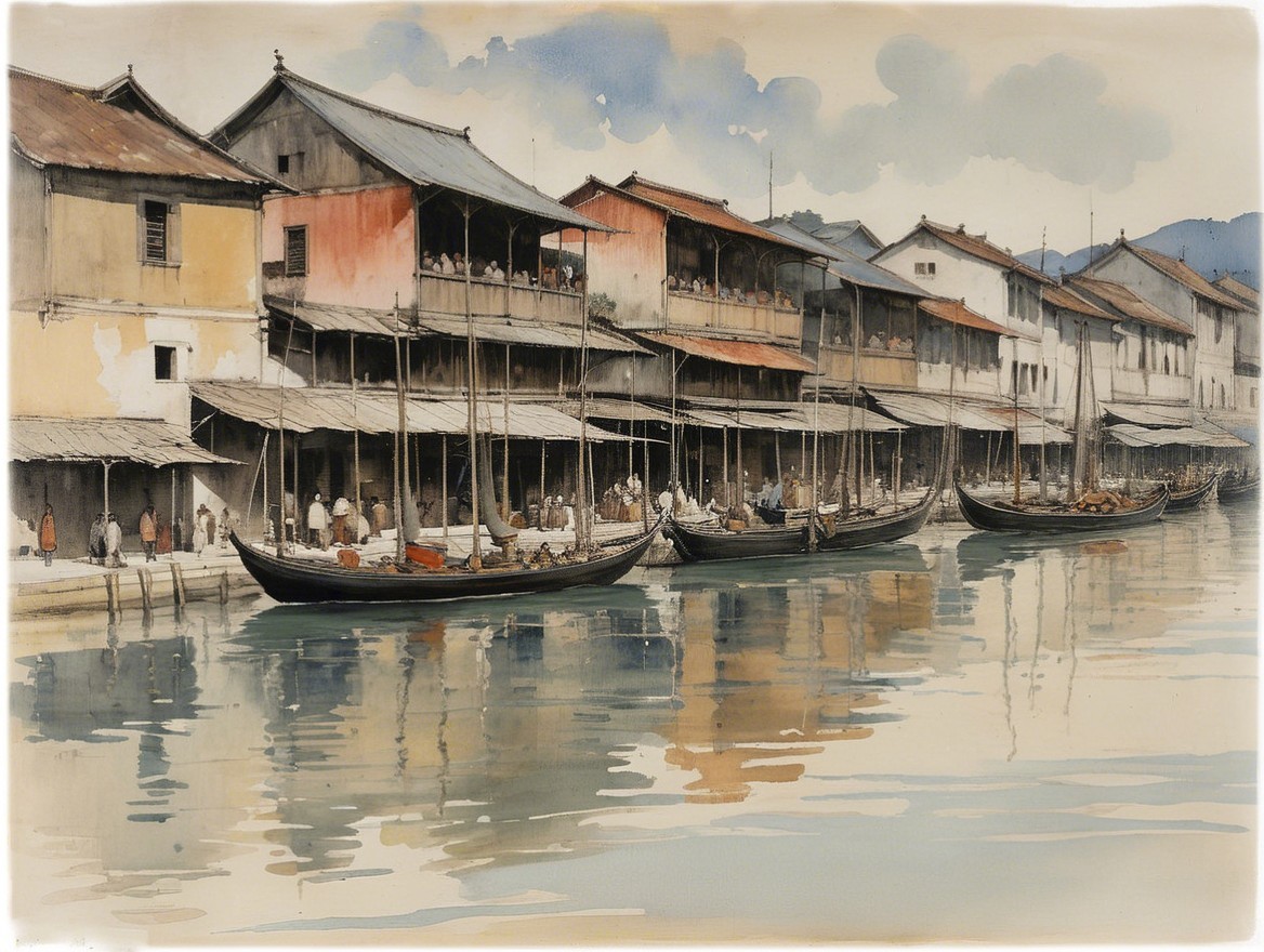 Watercolor Scene of Boats on a Tranquil Waterway