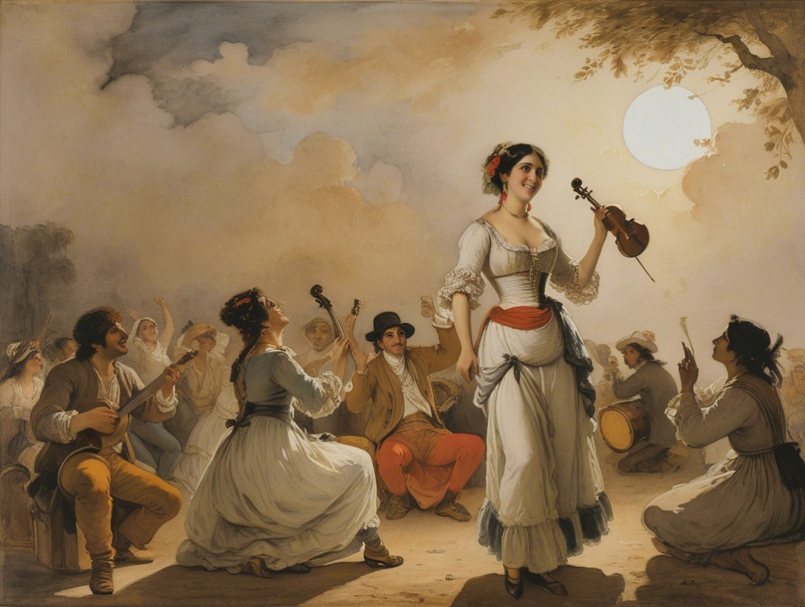 Romantic Outdoor Scene with Musicians and Dancers