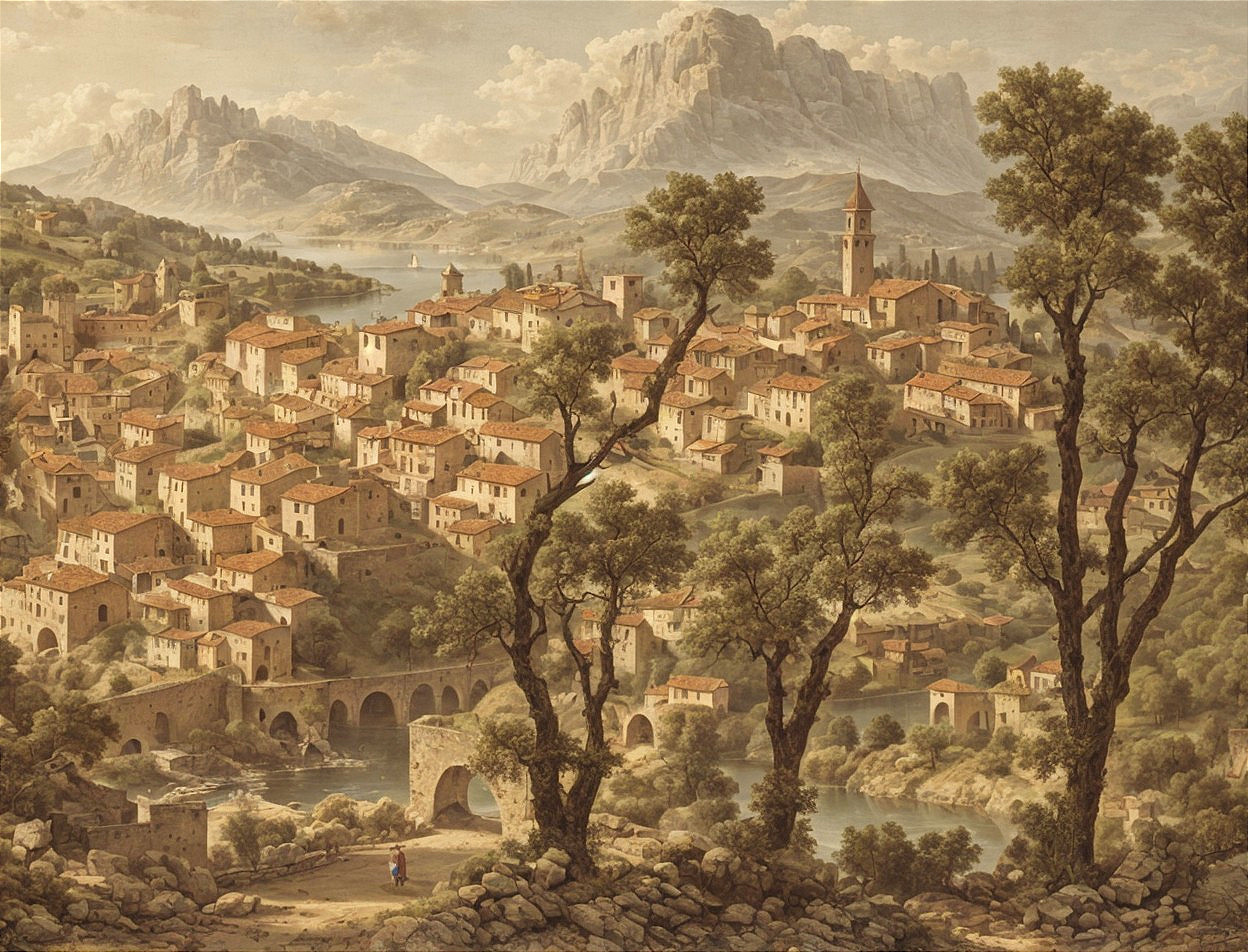 Tranquil village scene with stone houses, bridge, trees, and mountains