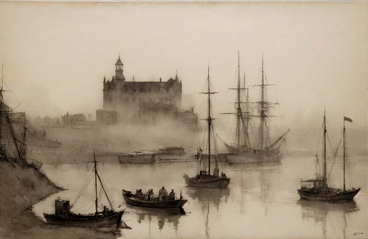 Foggy Harbor Scene with Boats and Castle Structure