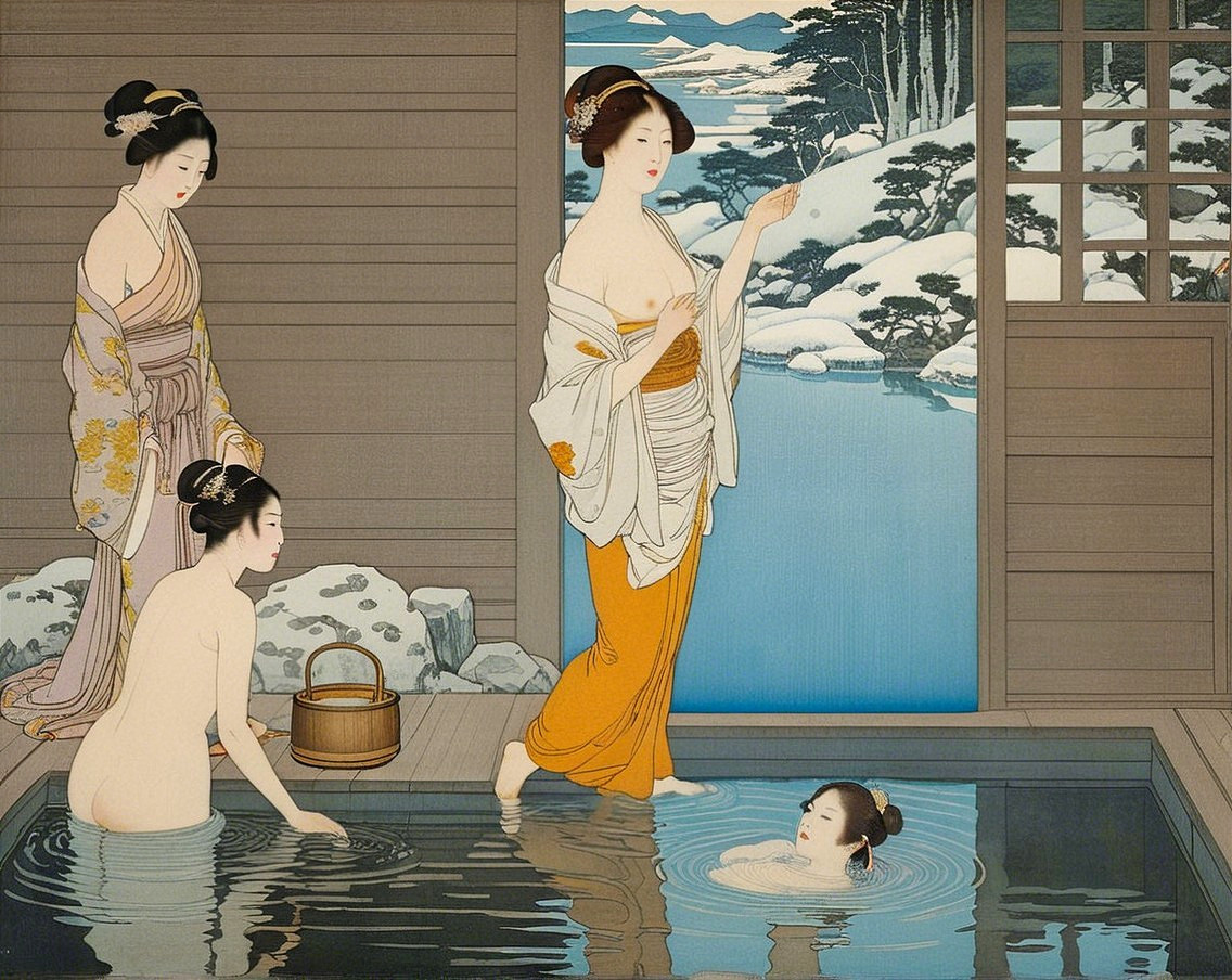 Serene Japanese Bath Scene with Women in Kimono