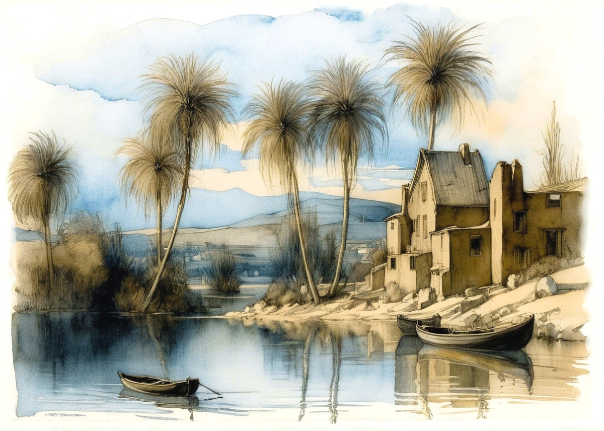 Tranquil Riverside Landscape with Moored Boats and Homes